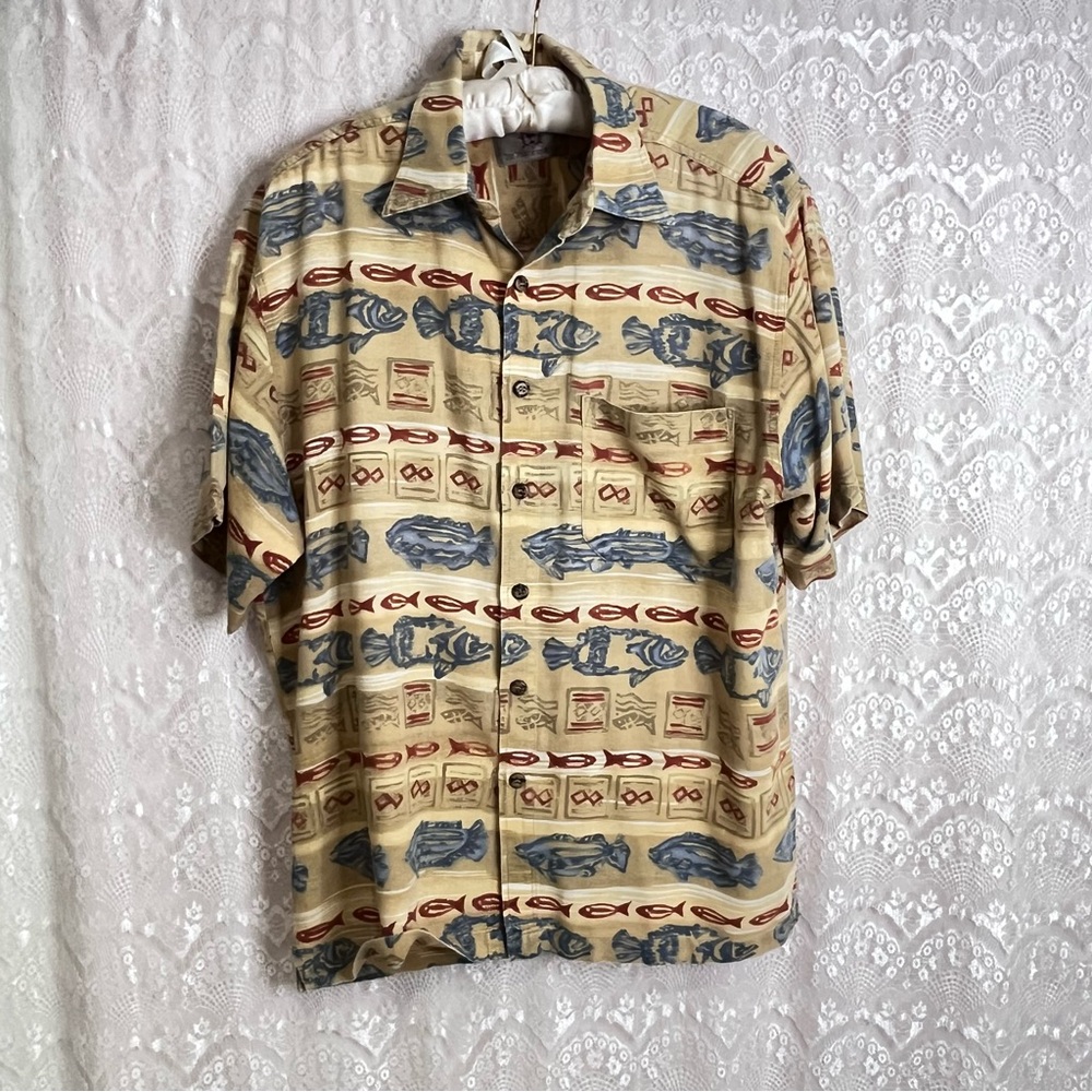 The Territory Ahead Shirt Men's Sz L Beige Red Blue Cotton 1 Pocket Short Sleeve